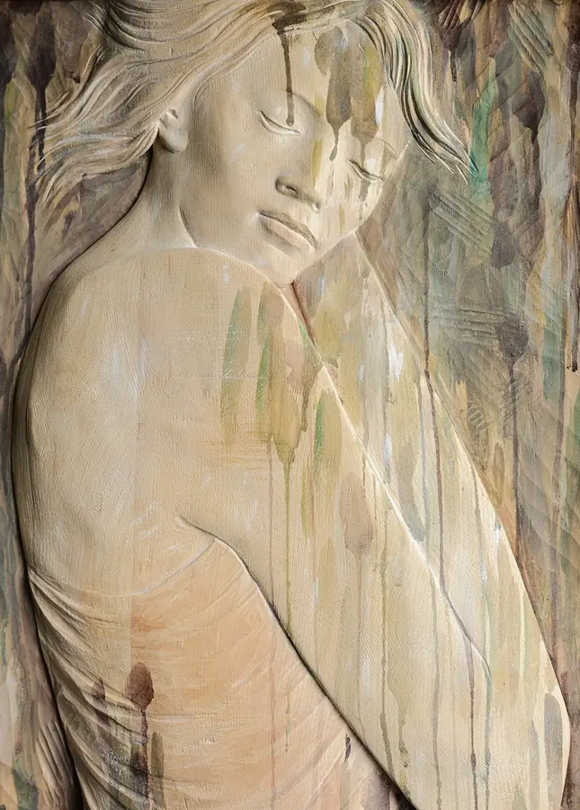 Detail of woman's head, relief — Wood, polychromed