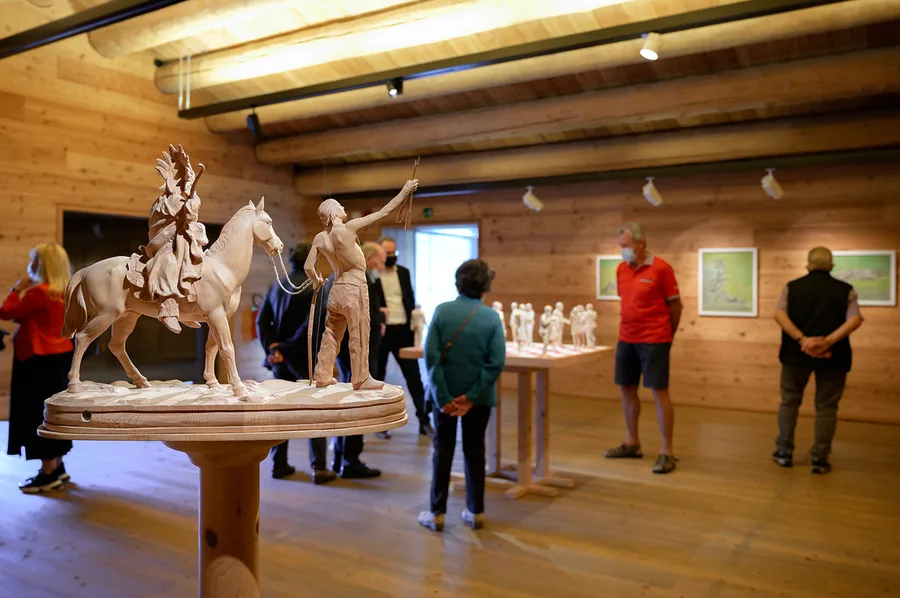 Horse with rider and leader — Wood
