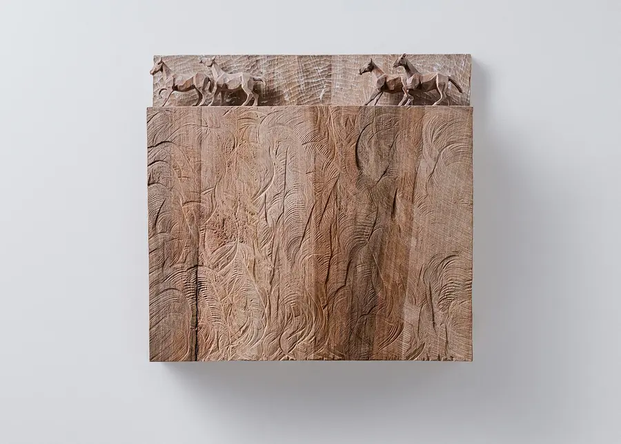 Wild Horses — Relief, walnut · 53 × 38 cm